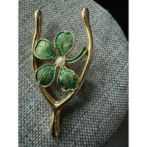 VTG Signed Lucky 4 Leaf Clover Wishbone Brooch Green Good Luck Gerry’s